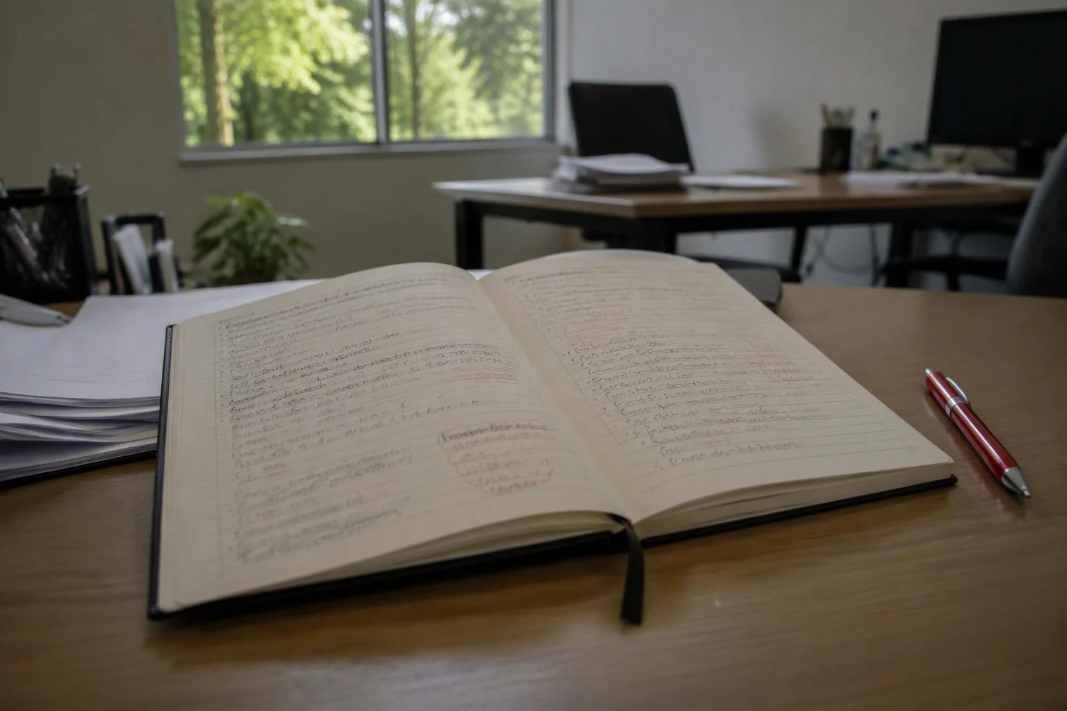 Caderno com os modelos de mensagem anotados e corrigidos à mão