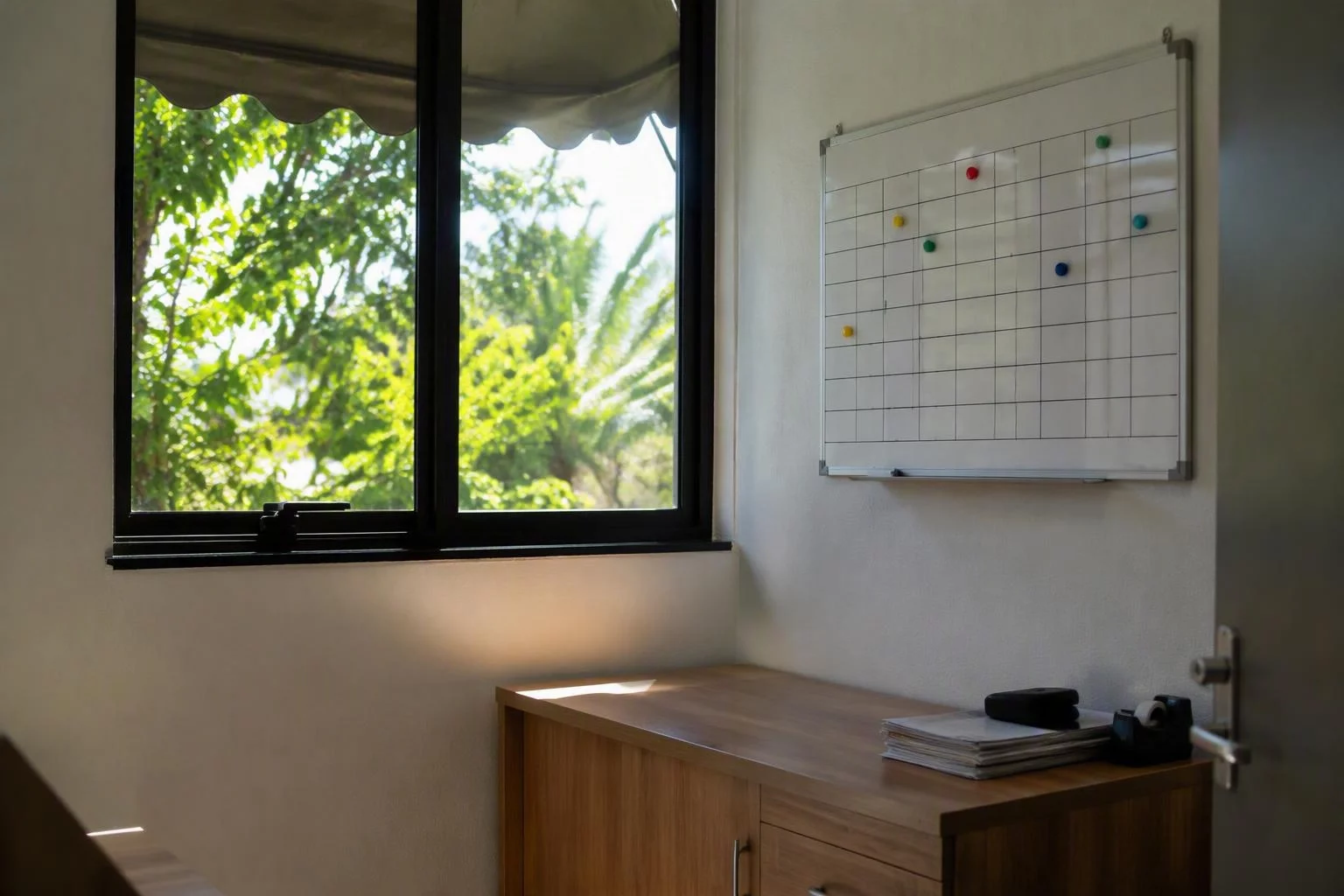 Janela da sala de atendimento com o quadro de plantão ao lado