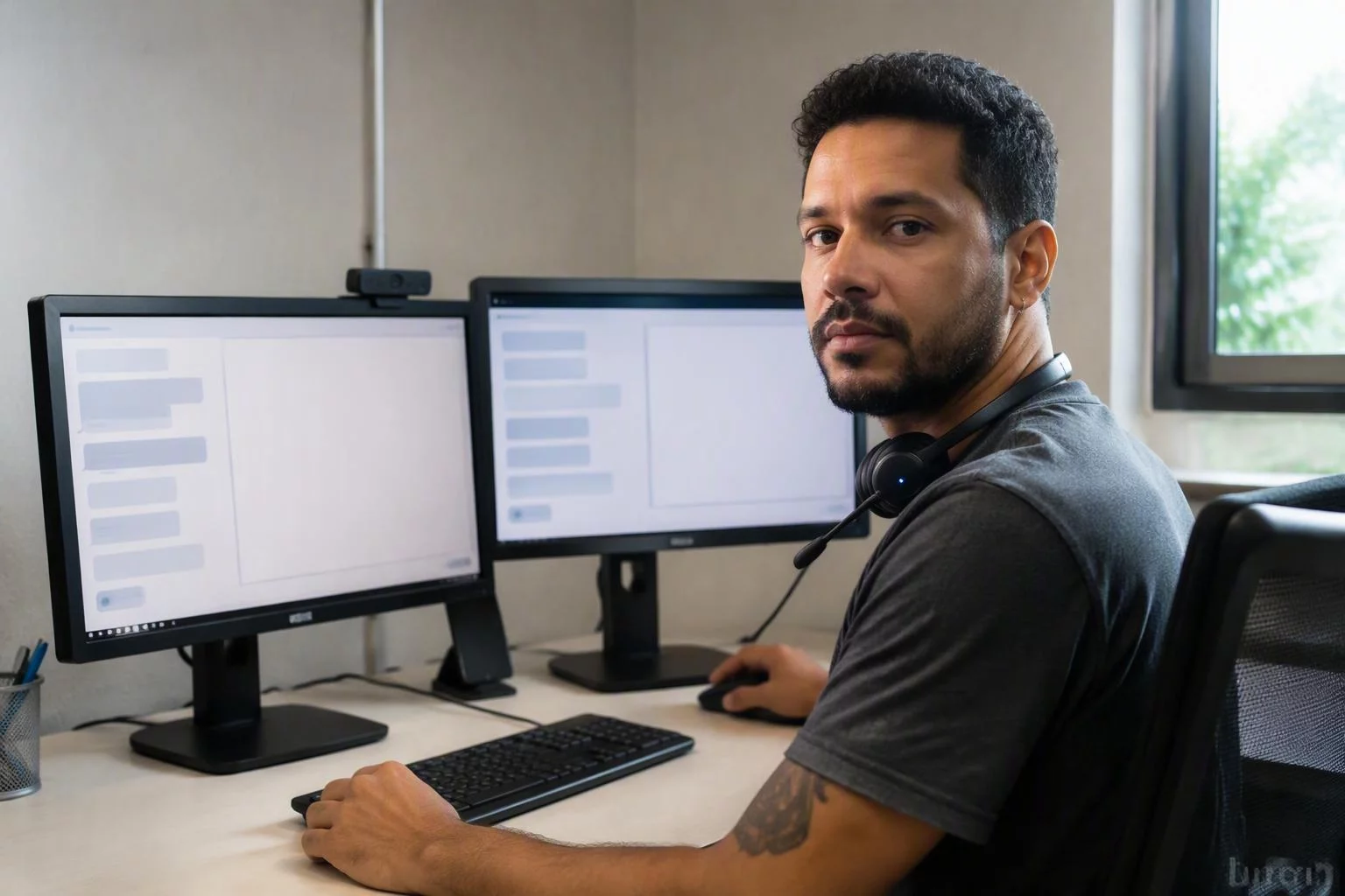 Atendente respondendo mensagens de clientes em dois monitores